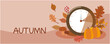 Autumn concept graphic. Fall back concept background decoration with clock and fallen leaves. Vector illustration.