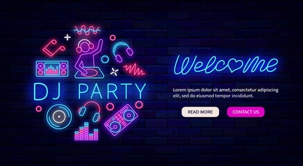 Wall Mural - DJ party neon flyer promotion. Website landing page template. Glowing greeting card. Vector stock illustration