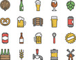 Craft beer line icons. Set of vector colorful stroke icons with beer mugs, bottles, barrels, cans, hops, glasses, ingredients and accessories