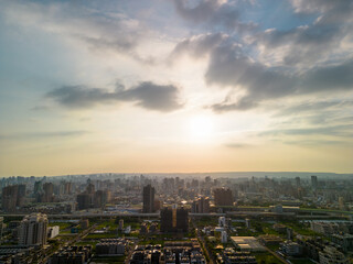 Wall Mural - Taichung City, Taiwan - Aug 23, 2022 : Aerial view of Taichung city Beitun District skyline horizon in sunset time. Residential estate concept.