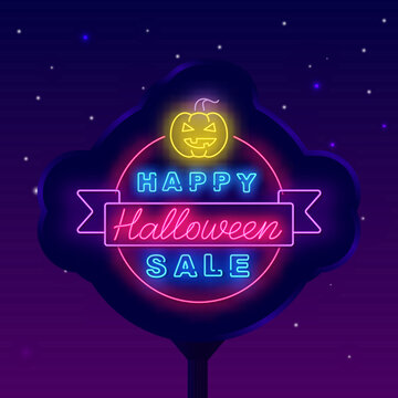 Happy halloween sale neon street billboard. Shiny dusk advertising. Pumpkin icon. Vector stock illustration