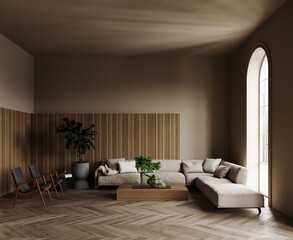 3d rendering of modern living room with beige sofa and wooden coffee table, chairs, natural oak acoustic slat wood panel on the wall. Wooden wall, parquet. Arched panoramic floor to ceiling window