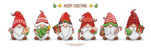 Set Of Merry Christmas With Cute Gnome Santa Claus Banner Design. Cute Cartoon Illustration