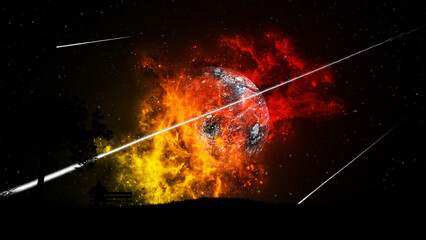 A man sitting on a bench at night under a tree watches the explosion and destruction of the planet in a bright red-yellow nebula in the starry sky with falling meteors.