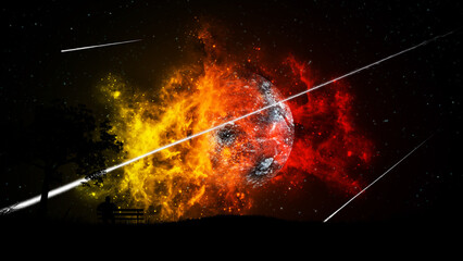 Wall Mural - A man sitting on a bench at night under a tree watches the explosion and destruction of the planet in a bright red-yellow nebula in the starry sky with falling meteors.