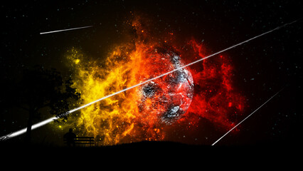 Wall Mural - A man sitting on a bench at night under a tree watches the explosion and destruction of the planet in a bright red-yellow nebula in the starry sky with falling meteors.