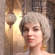 Face portrait of a young woman wearing a pair of spherical golden earrings with maze design against a palace hall. 3d rendering