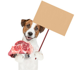Poster - Jack russell terrier holds bowl of raw meat and empty placard. isolated on white background