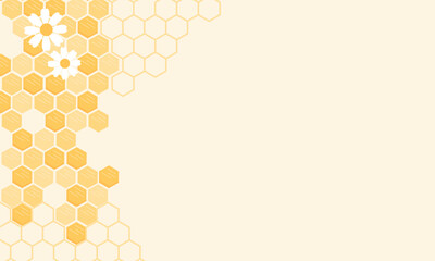 Wall Mural - Beehive honey sign with hexagon grid cells and white flower on yellow background vector.