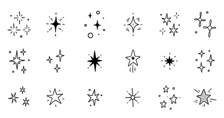 Poster - Line star glitter shine of doodle set. Star shine glow, spark glitter, sparkle light vector illustration. Hand drawn sketch doodle style..