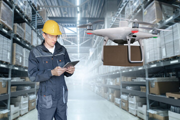 Aufkleber - Warehouse manager with digital tablet controls drone with a package. Unmanned delivery concept