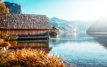 Amazing Nature Landscape. Grunlsee Lake With Fishing Huts In Mountains In The Alps, Austria. Concept Of Ideal Resting Place. Popular Travel Destination