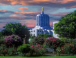 A flowering garden surrounds the Oregon State capitol building, Salem