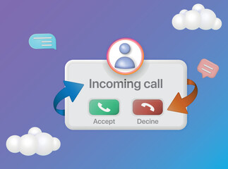 Poster - Incoming call in 3d cartoon minimal style Notifications page with floating elements 3d rendering. Vector illustration