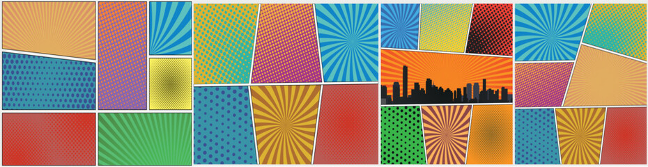 Poster - set of comic book page templates with three, four and five panels. colorful backgrounds for scenes and speech bubbles with halftone dotted background and radial lines