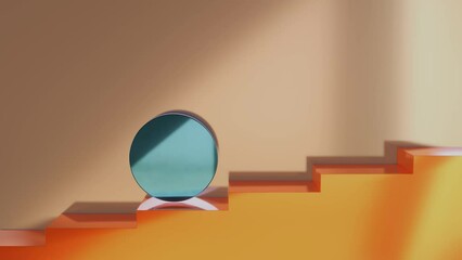 Wall Mural - round blue object roll down the orange stairs. abstract 3d render seamless loop 4k animation.