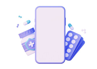 A mock-up of a phone with medicines. illustration of 3d rendering. The concept of online consultation with a doctor or purchase of medicines in an online store