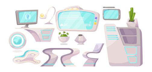 Poster - futuristic furniture for classroom vector illustrations set. cartoon drawings of classroom interior 