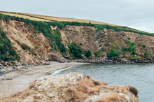 Rocky Coastline Near Par Beach And Polkerris Beach During Cloudy Rainy Day, Gribbin Head, Cornwall, UK. Footpath Along Coast