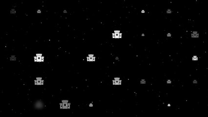 Poster - Template animation of evenly spaced castle symbols of different sizes and opacity. Animation of transparency and size. Seamless looped 4k animation on black background with stars