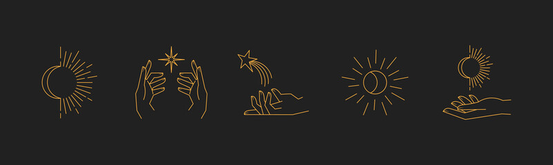 Wall Mural - Aesthetic astral hands. Collection of cosmic and celestial elements with sun, moon and stars. Isolated editable linear vectors.