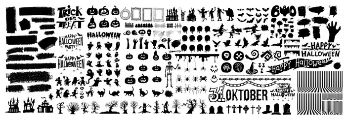 big set of halloween silhouettes black icon and character. design of witch, creepy and spooky elemen
