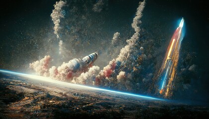 Aufkleber - Space ship starts from Earth and smoke clouds in cosmos
