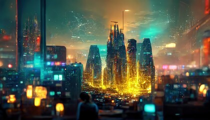 Poster - Amazing night city with highrise buildings and neon lights