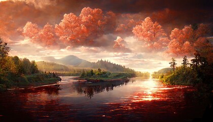 Wall Mural - Large calm river running across forest against mountains