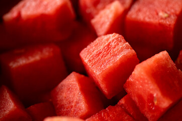 Pieces of red watermelon, full of vitamins, detail of this vegetable, red pieces without seeds, macro photography, sweet tasty melon
