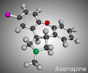 Poster - Asenapine molecule. It is atypical antipsychotic, used to treat bipolar disorder and schizophrenia. Molecular model. 3D rendering