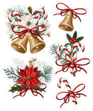 Christmas Botanical Plants, Flowers And Bells Isolated. Textile Or Wallpaper Print.