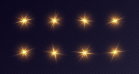 Wall Mural - golden lens flare, glowing star with rays, shiny flash spark, bright cosmic explosion isolated on bl