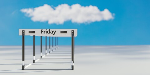 Friday is a difficult day. Week day name on hurdle, blue cloudy sky background