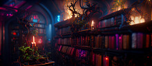 Dark Fairytale Library Overgrown Vines Dimly Lit Neon Digital Art Illustration Painting Hyper Realistic
