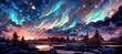 canvas print picture - starry night aurora borealis iridescent northern lights Digital Art Illustration Painting Hyper Realistic