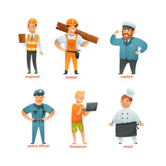 Wall Mural - People of different professions set. Engineer, builder, captain, police officer, freelancer, chef cartoon vector illustration