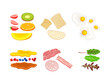 Sandwich constructor set. Bread, meat, egg, vegetables and fruit sliced ingredients cartoon vector illustration