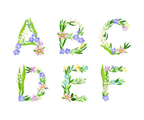 Wall Mural - Meadow flowers alphabet. A,B,C,D,E,F English capital letters made of flowers and green leaves cartoon vector illustration