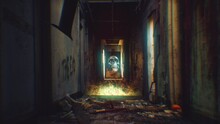 Eerie Skull Burning House Zooming Spooky Scene. Evil Skull Burning Inside A Spooky Old House, Zoom In. Eerie Scene