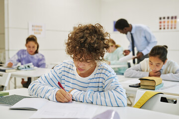 Wall Mural - Portrait of young schoolboy with curly hair sitting at desk in school classroom and writing in notebook