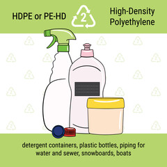 infographic of recycling code for hdpe plastic. high-density polyethylene is polymer for packaging, 