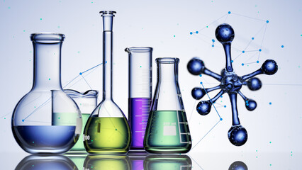 Canvas Print - Glass chemistry lab equipment on blue background. Chemistry Lab concept. 3d 