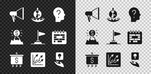 Poster - Set Megaphone, World expansion, Head with question mark, Target dollar, Financial growth increase, Light bulb, Mountains flag and Flag icon. Vector
