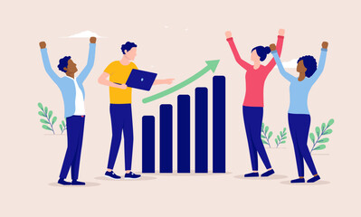 Aufkleber - Company business success and growth - Group of diverse casual working people cheering and celebrating rising graph. Flat design vector illustration
