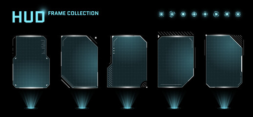 Leinwandbilder - HUD digital futuristic user interface square frame set. Sci Fi high tech screens. Game menu touch monitoring hologram dashboard panels. Cyber space head-up display GUI or FUI information signs. Vector