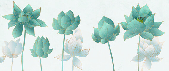 Art background in a watercolor style with lotus flowers. Botanical flower banner for wallpaper design, decor, print, packaging, textile, interior design.