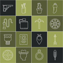 Set Line Indian Feather, Crossed Arrows, Old Wooden Wheel, Cactus Peyote In Pot, Canteen Water Bottle, Leather Whip, Revolver Gun And Pickaxe Icon. Vector