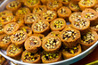 Tasty sweet baklava with honey and nuts on showcase in Turkish confectionery. Traditional national dessert