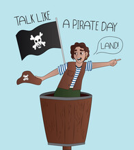 Lookout In Crow's Nest Of Pirate Ship On Light Blue Background. Talk Like A Pirate Day